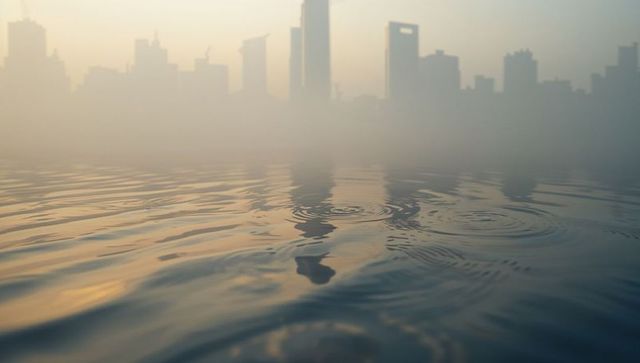 Tranquil Water Ripples Echoing Misty Cityscape