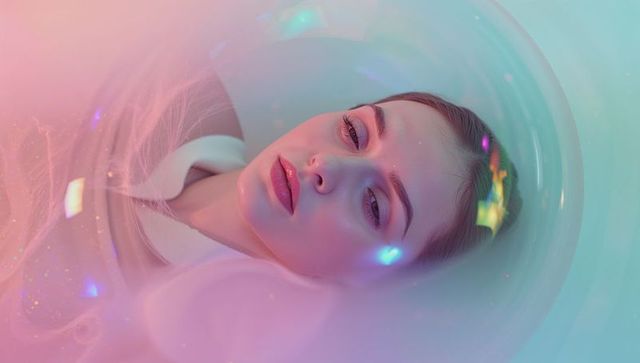 Ethereal Woman Drifting in Mystical Pastel Sphere
