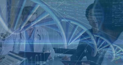 Medical team reviewing genomic data with dna helix overlay and digital analytics