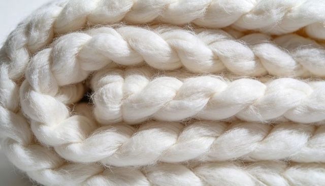 Chunky braided roving wool displaying plush cream texture closeup for cozy textiles