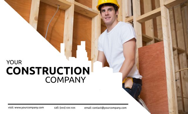 Ideal for promoting construction companies, this visual features a smiling worker in a hard hat and white shirt, set against a wood framing backdrop. Suitable for ads, marketing materials, and training resources. Conveys professionalism and reliability in the construction industry.