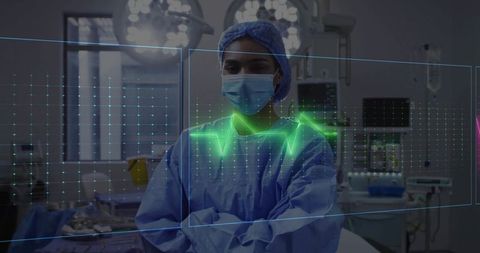 Futuristic Healthcare Tech with Surgeon Analyzing Holographic ECG