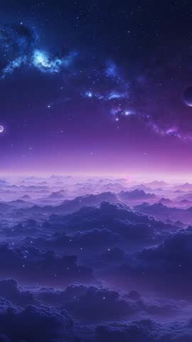 Vertical cosmic panorama panning over purple cloudscape and Milky Way revealing crescent planet