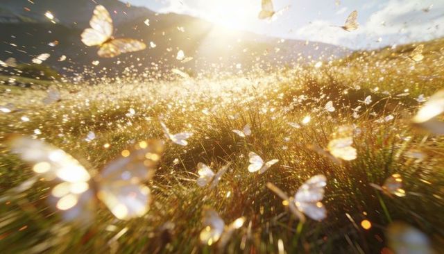 Fluttering translucent butterflies over sunlit golden meadow with dew and bokeh
