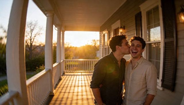 Young gay couple kissing on front porch at sunset golden hour warmth