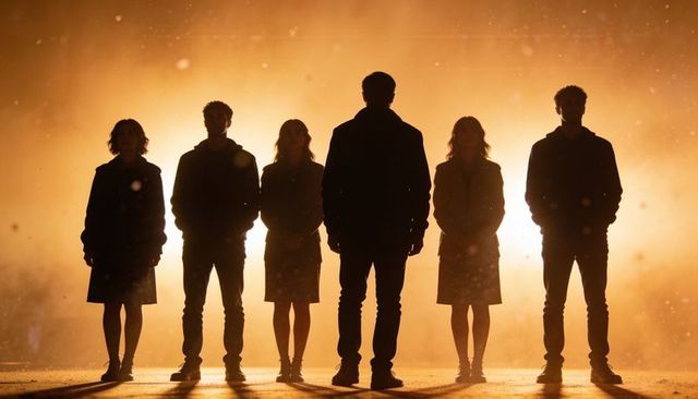 Backlit urban silhouettes standing in misty night with dramatic halo shadows