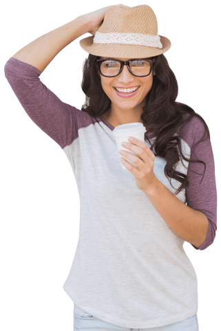 Smiling Woman Drinking Coffee and Wearing Fedora, Transparent Background