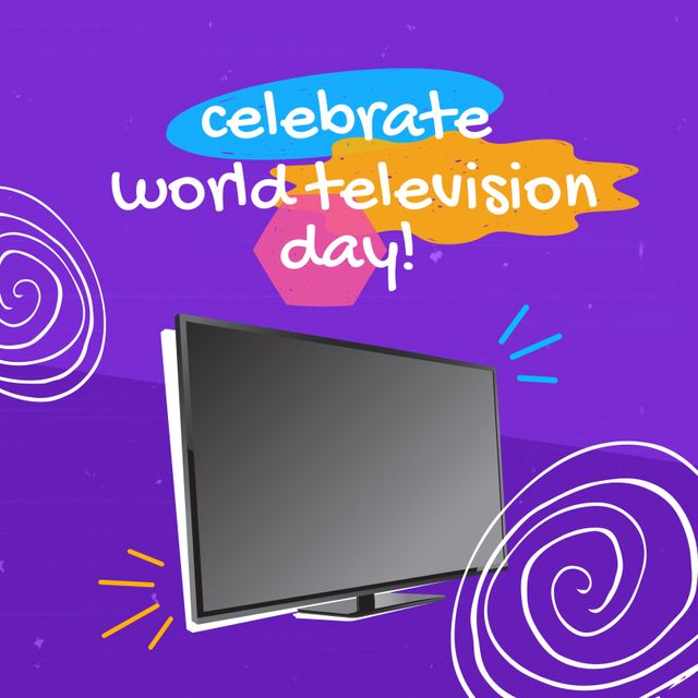 Composition of world television day text over television set on purple background. World television day, leisure time and entertainment concept.