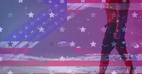 Walking man in red shirt with american flag overlay conveying progress and patriotism