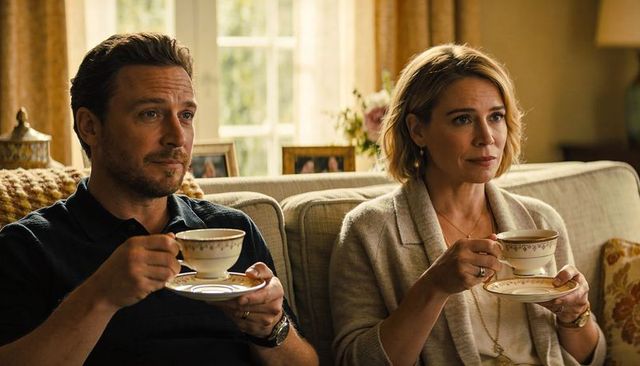 Couple enjoying afternoon tea on cozy beige sofa with elegant china and relaxed home vibe