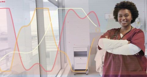 Confident nurse in scrubs with transparent medical charts and analytics overlay