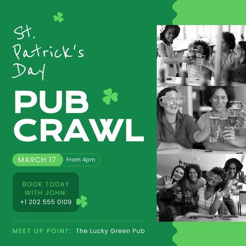 St. Patrick's Day Pub Crawl Event Announcement with Shamrock Theme - Download Free Stock Templates Pikwizard.com