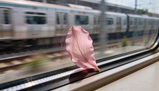 Resting pink petal on train window ledge with backlit veins and motion blur passing train