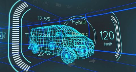 Futuristic electric van wireframe interface with digital readout