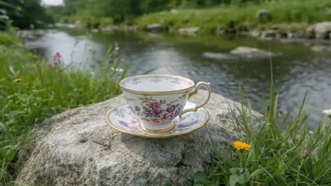 Porcelain teacup and saucer resting on riverside rock beside flowing stream and wildflowers