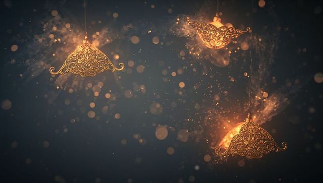 Golden filigree pendant lamps casting warm amber glow with bokeh sparks ornate metalwork