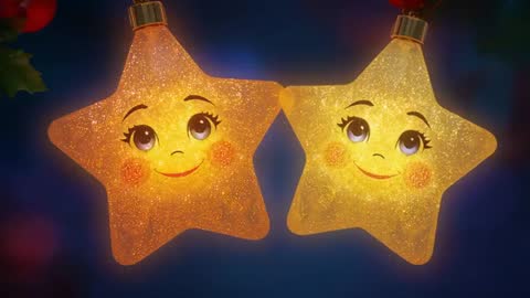 Two Glittering Star Ornaments Smiling and Twinkling Against Deep Blue Holiday Backdrop