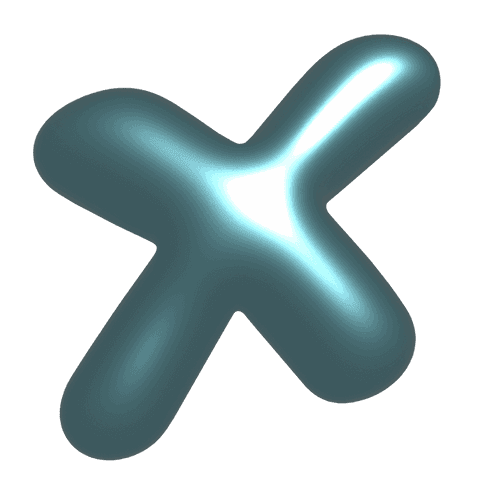 Transparent glossy x-shaped 3d form floating with central glow and metallic sheen