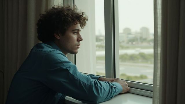 Young man gazing through window, contemplating urban solitude with highway view