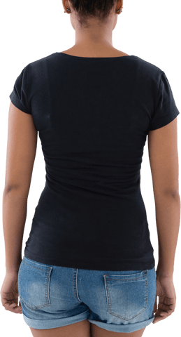 Transparent Back View of Woman in Black Shirt and Denim Shorts