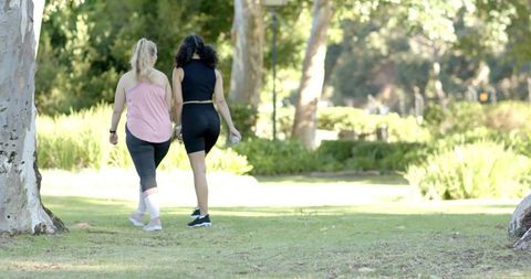 Female friends strolling in sunny park embracing fitness and friendship