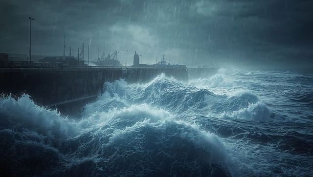 Dramatic Stormy Sea with Crashing Waves at Harbor