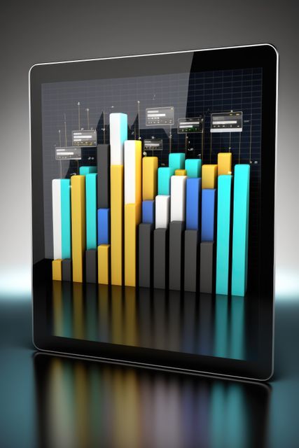 Tablet with graph bars on grey background, created using generative ai technology. Statistics, graphs and charts concept digitally generated image.