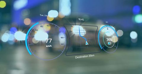 Holographic car dashboard over city lights depicting speed and navigation