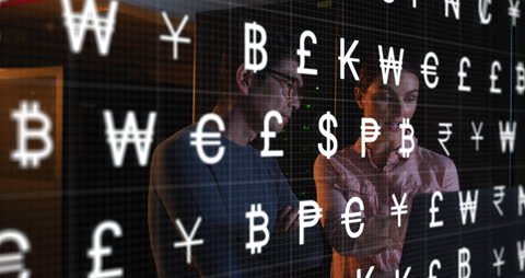 Currency Symbols Overlaying Diverse Server Room Workers