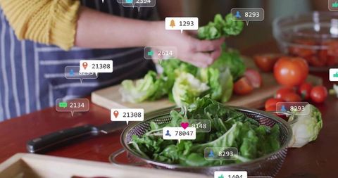 Hands preparing fresh lettuce in kitchen with augmented reality social media overlays