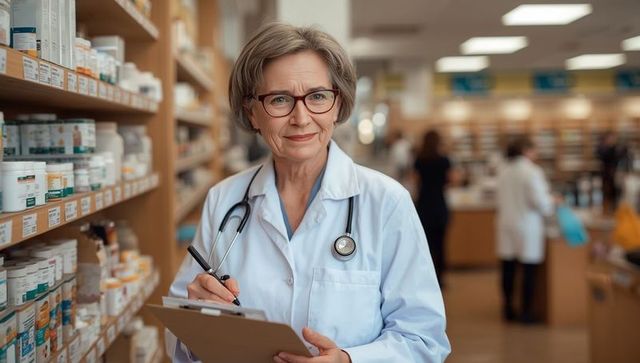 Senior Pharmacist Reviewing Prescriptions in Pharmacy Aisle
