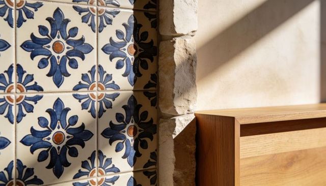 Sunlight casting diagonal shadow on mediterranean ceramic tiles, stone trim and wooden cabinet