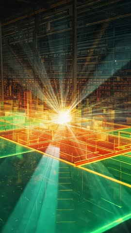 Vertical sci-fi data core igniting neon grid, pulsing orb beams across industrial data hall