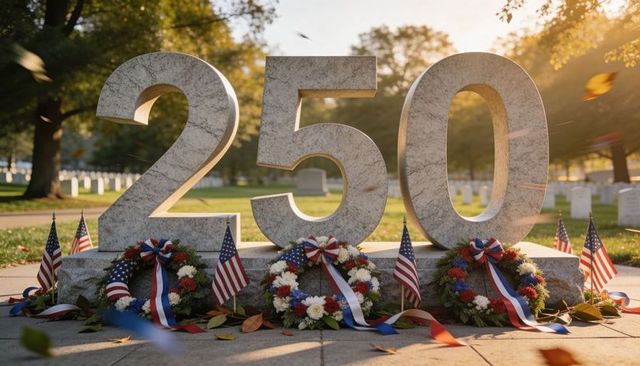 250 memorial honoring veterans with patriotic wreaths and flags in autumn cemetery