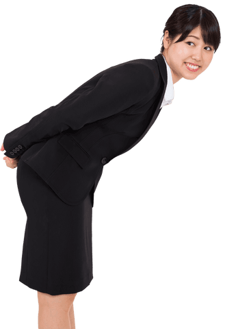 Transparent Asian Businesswoman Leaning and Smiling Confidently