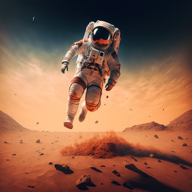 Astronaut floating on planet mars with mountains, created using generative ai technology. Space, planets and astronaut concept, digitally generated image.