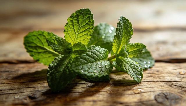 Fresh mint sprig with water droplets on rustic wooden board, macro closeup herb texture