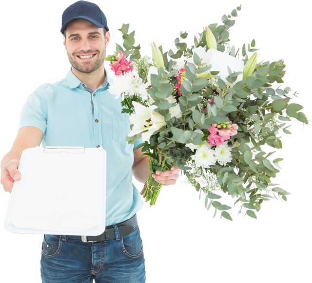 Transparent Background Happy Flower Delivery Man Holding Flowers and Clipboard - Download Free Stock Videos Pikwizard.com