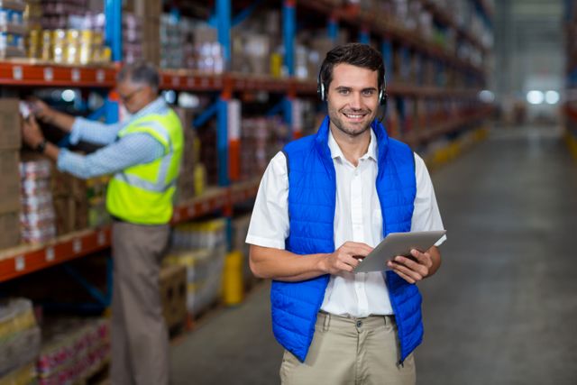 Portrait of warehouse worker holding digital tablet in warehouse