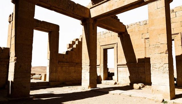 Sunlit sandstone ruins interior with square columns, lintels and weathered stonework