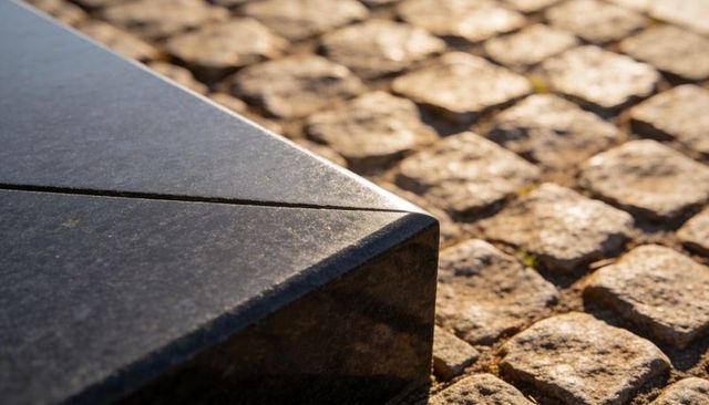 Granite bench corner catching golden light on cobblestone plaza with diagonal groove