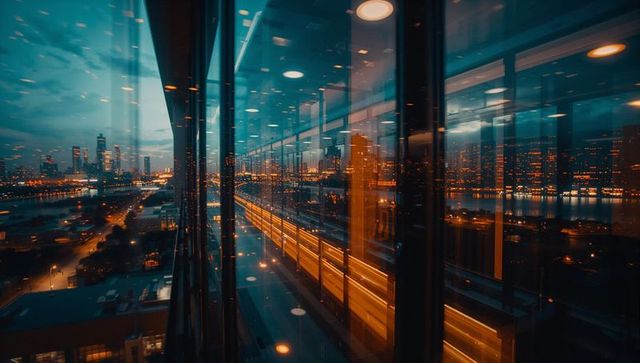 Long-Exposure Reflections in Glass Corridor at Dusk Over Urban Skyline