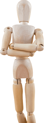 Transparent wooden figurine with crossed arms in thoughtful stance