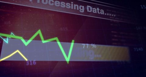 Neon Analytics Dashboard Showing Jagged Line Charts, 77% Progress Bar, Data Processing