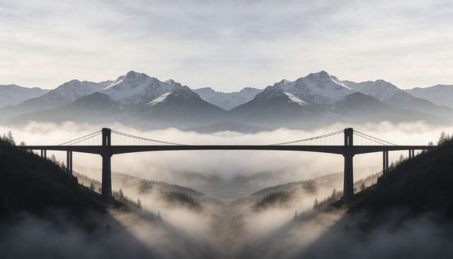 Suspension bridge spanning fog-filled alpine valley with snow-capped peaks at dawn