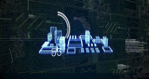 Projecting holographic city model over digital map with hud interface and data overlays