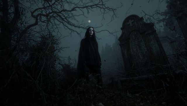 Mysterious Woman in Moonlit Cemetery with Gothic Atmosphere