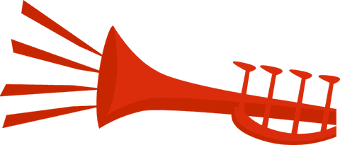 Red trumpet illustration emitting sound on transparent background