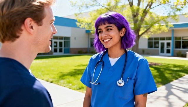 Smiling nurse with purple hair chatting outside clinic in blue scrubs and stethoscope