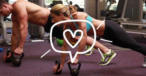 Couple performing kettlebell renegade rows with heart overlay promoting fitness passion